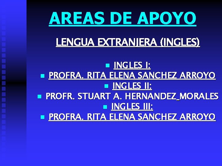 AREAS DE APOYO LENGUA EXTRANJERA (INGLES) INGLES I: n PROFRA. RITA ELENA SANCHEZ ARROYO