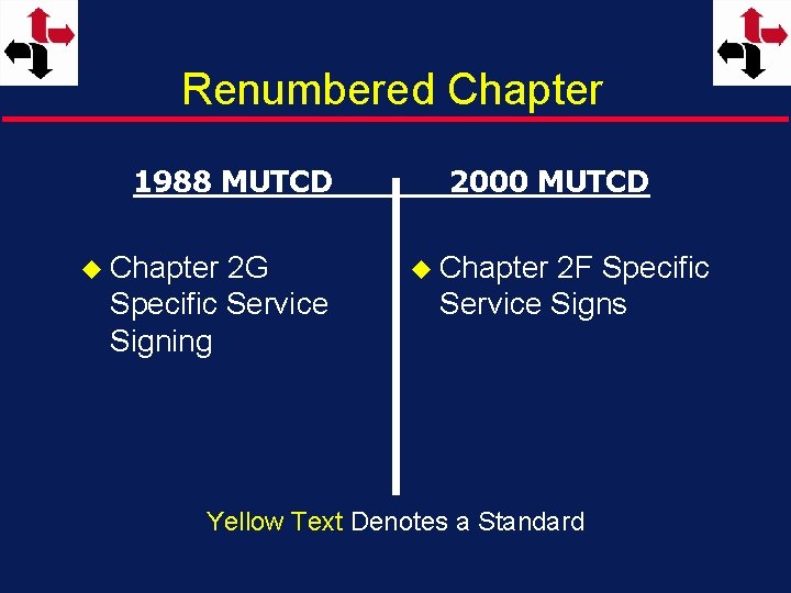 Renumbered Chapter 1988 MUTCD u Chapter 2 G Specific Service Signing 2000 MUTCD u