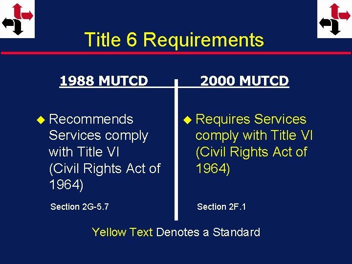 Title 6 Requirements 1988 MUTCD u Recommends Services comply with Title VI (Civil Rights