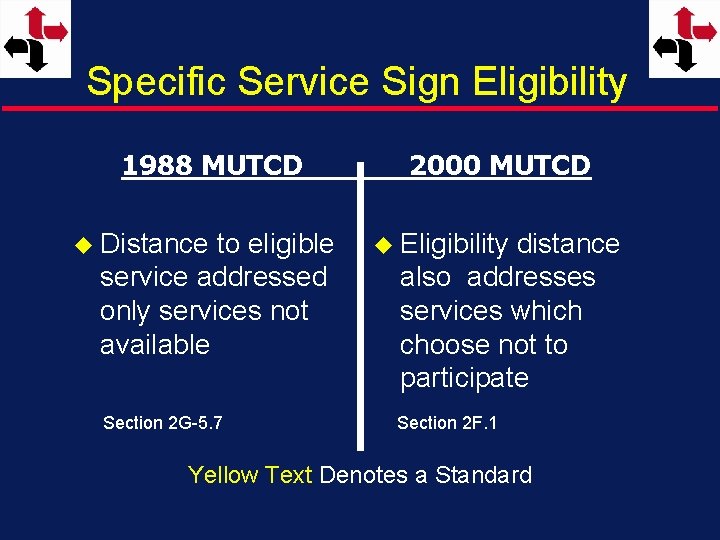 Specific Service Sign Eligibility 1988 MUTCD u Distance to eligible service addressed only services