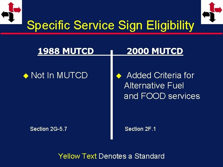 Specific Service Sign Eligibility 1988 MUTCD u Not In MUTCD Section 2 G-5. 7