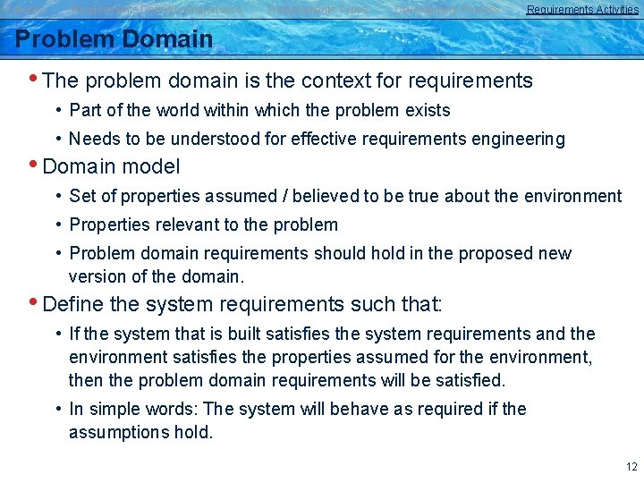 Failures Requirements Definition/Importance Requirements Types Development Process Requirements Activities Problem Domain • The problem