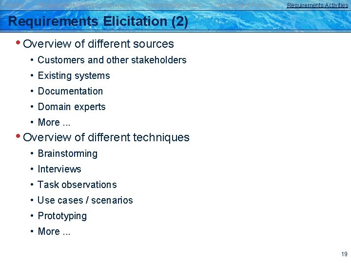 Failures Requirements Definition/Importance Requirements Types Development Process Requirements Activities Requirements Elicitation (2) • Overview