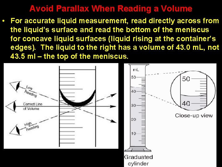 Avoid Parallax When Reading a Volume • For accurate liquid measurement, read directly across