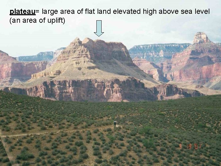 plateau= plateau large area of flat land elevated high above sea level (an area