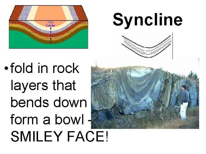 Syncline • fold in rock layers that bends down to form a bowl –