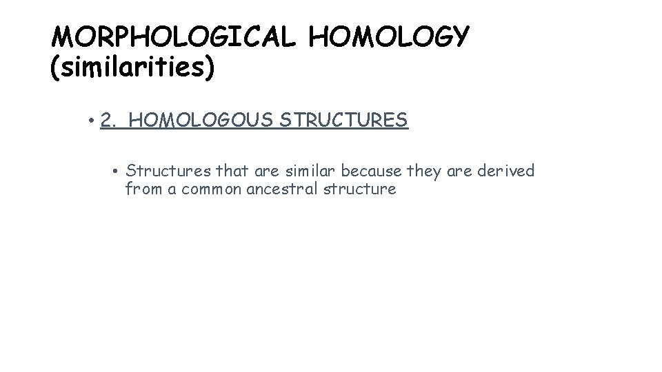 MORPHOLOGICAL HOMOLOGY (similarities) • 2. HOMOLOGOUS STRUCTURES • Structures that are similar because they