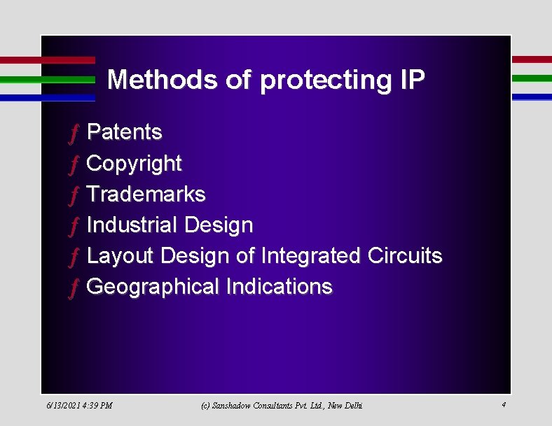 Methods of protecting IP ƒ Patents ƒ Copyright ƒ Trademarks ƒ Industrial Design ƒ