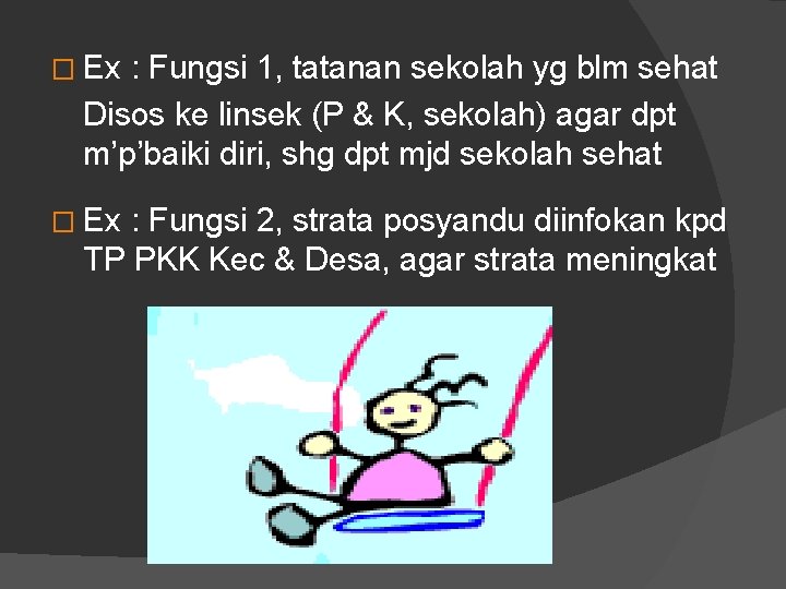 � Ex : Fungsi 1, tatanan sekolah yg blm sehat Disos ke linsek (P