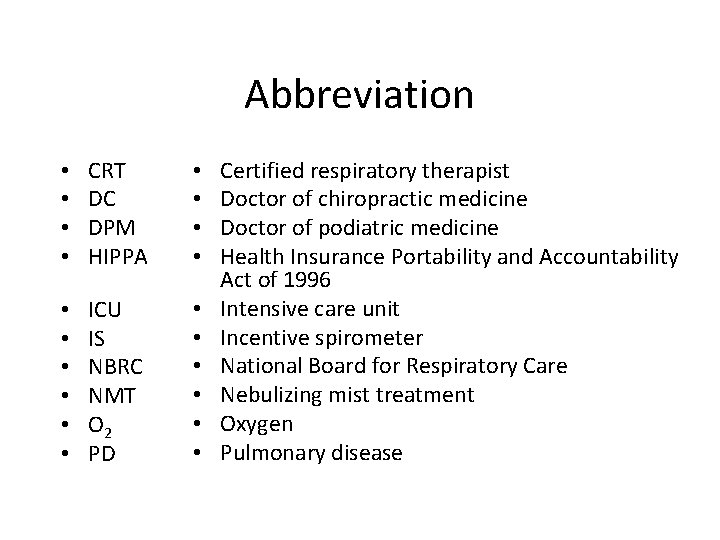 Abbreviation • • CRT DC DPM HIPPA • • • ICU IS NBRC NMT