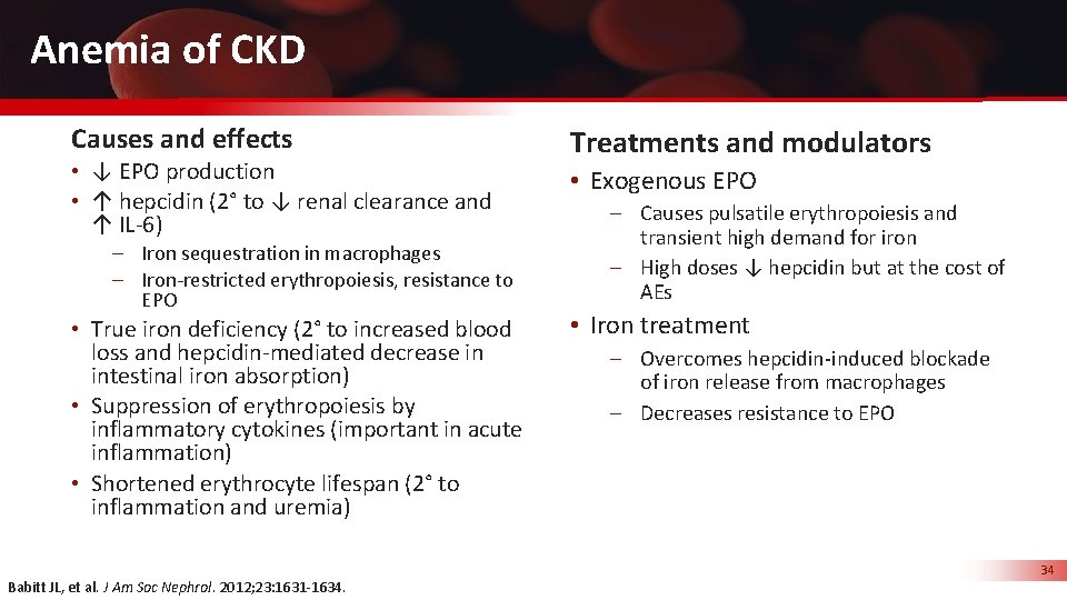 Anemia of CKD Causes and effects • ↓ EPO production • ↑ hepcidin (2°