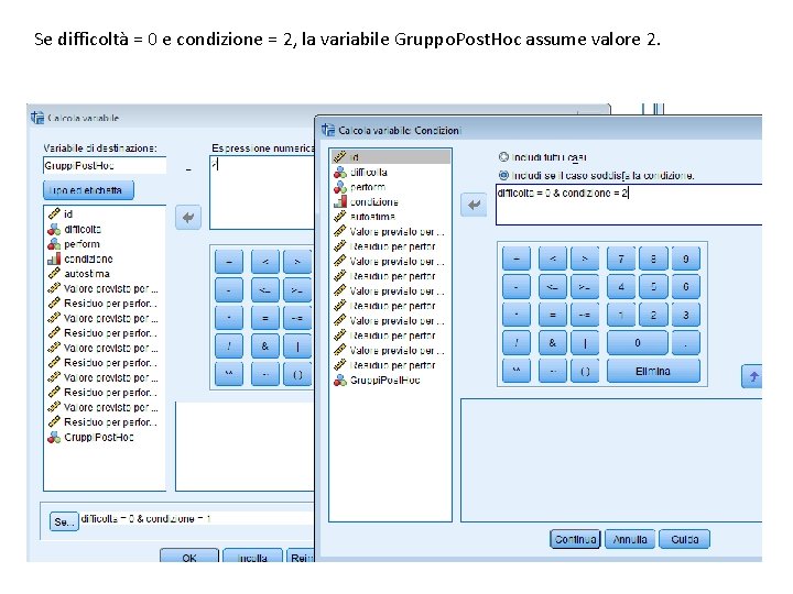 Se difficoltà = 0 e condizione = 2, la variabile Gruppo. Post. Hoc assume