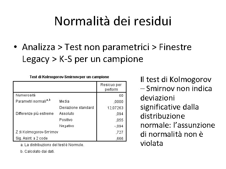 Normalità dei residui • Analizza > Test non parametrici > Finestre Legacy > K-S