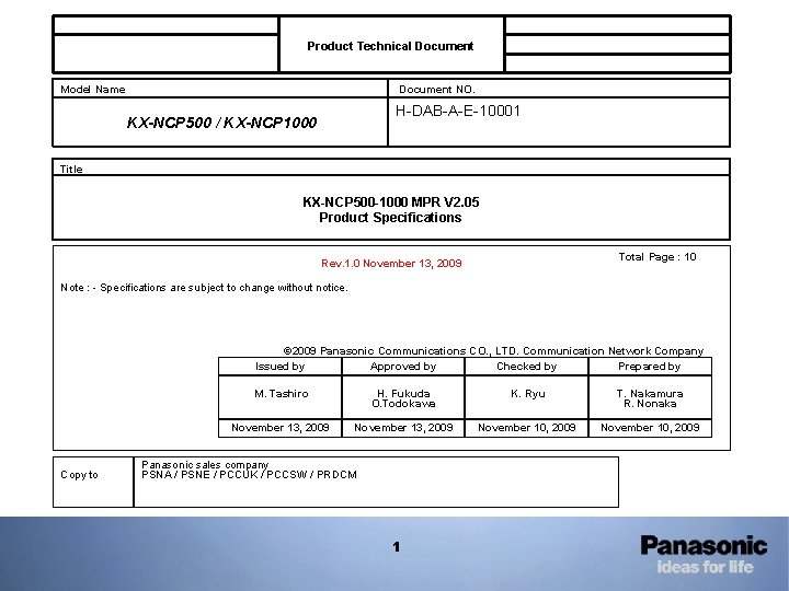 Product Technical Document Model Name Document NO. H-DAB-A-E-10001 KX-NCP 500 / KX-NCP 1000 Title