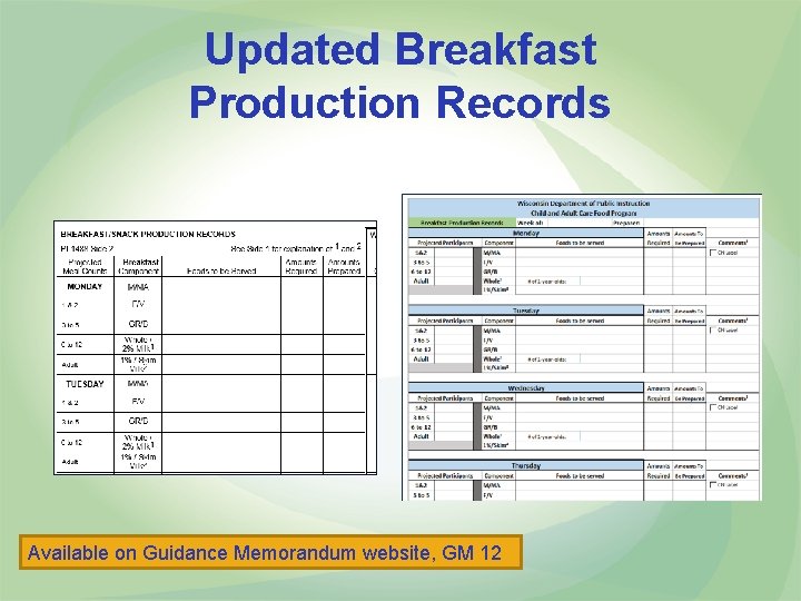 Updated Breakfast Production Records Available on Guidance Memorandum website, GM 12 