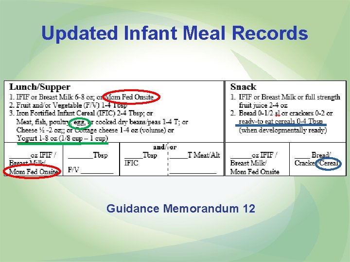 Updated Infant Meal Records Guidance Memorandum 12 