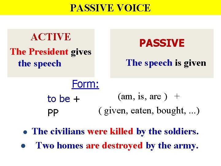 PASSIVE VOICE ACTIVE PASSIVE The President gives the speech The speech is given Form: