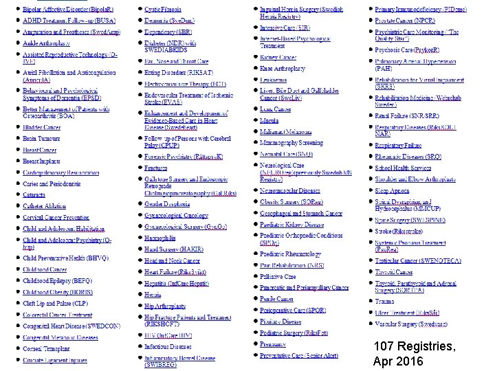 There are 107 Swedish Healthcare Quality Registries (QR) • The first Swedish QR, started