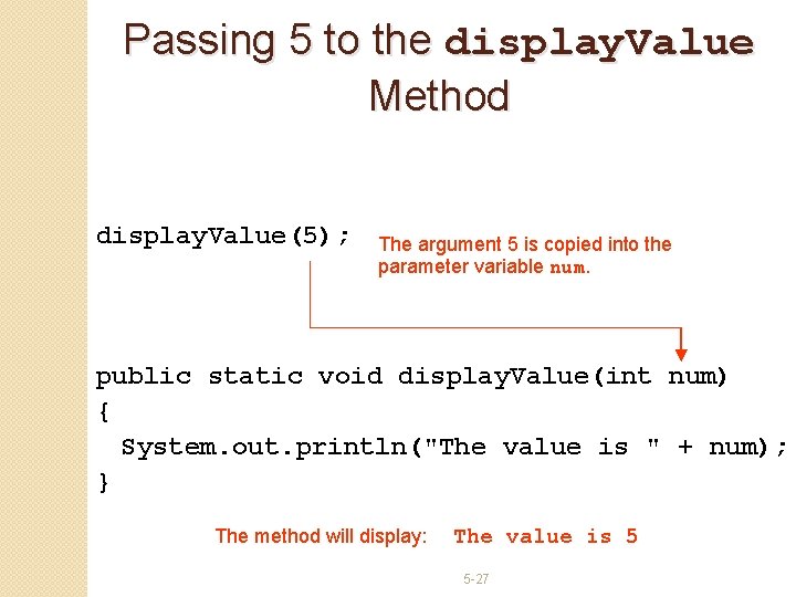 Passing 5 to the display. Value Method display. Value(5); The argument 5 is copied