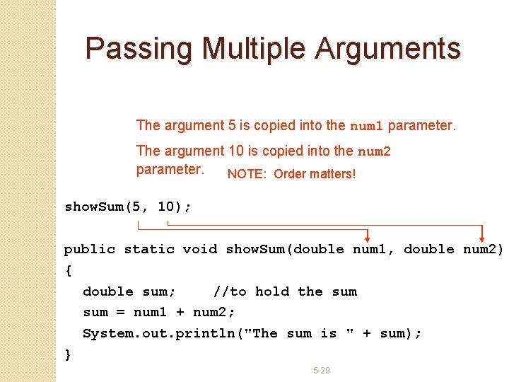 Passing Multiple Arguments The argument 5 is copied into the num 1 parameter. The