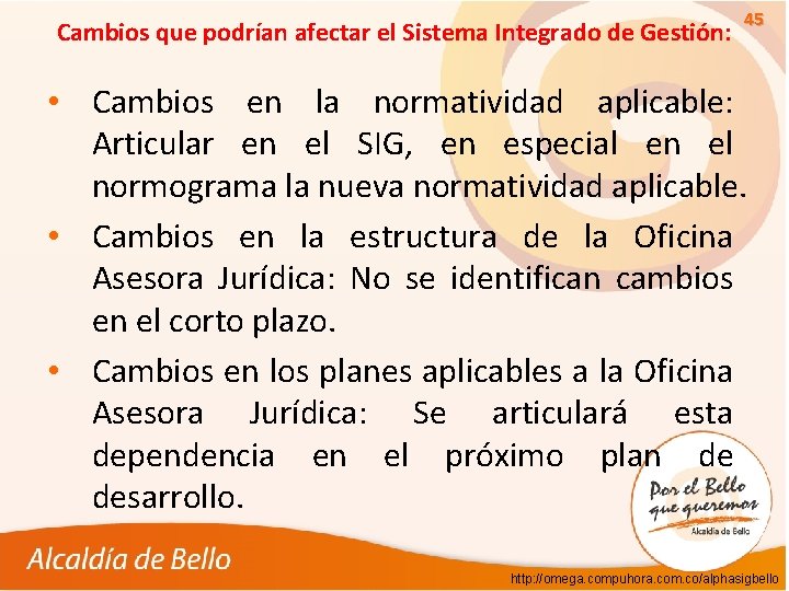 Cambios que podrían afectar el Sistema Integrado de Gestión: 45 • Cambios en la