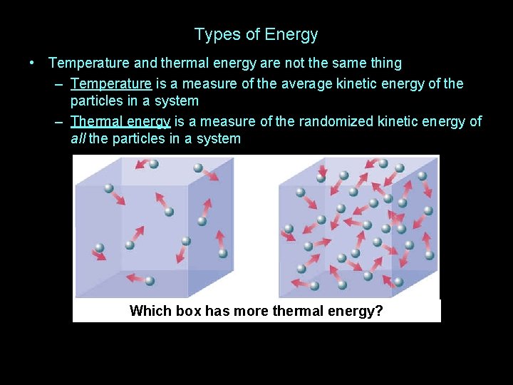 Types of Energy • Temperature and thermal energy are not the same thing –