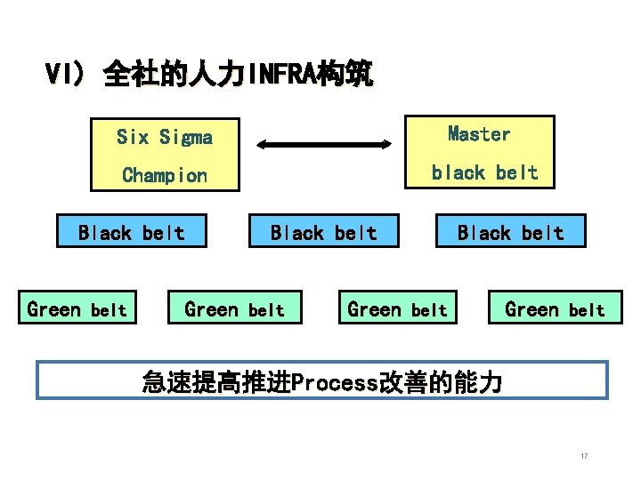 VI) 全社的人力INFRA构筑 Six Sigma Master Champion black belt Black belt Green belt 急速提高推进Process改善的能力 17