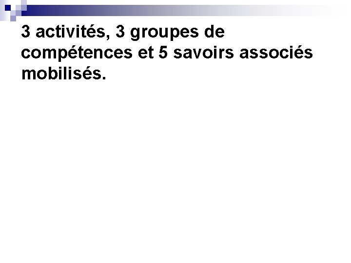 3 activités, 3 groupes de compétences et 5 savoirs associés mobilisés. 