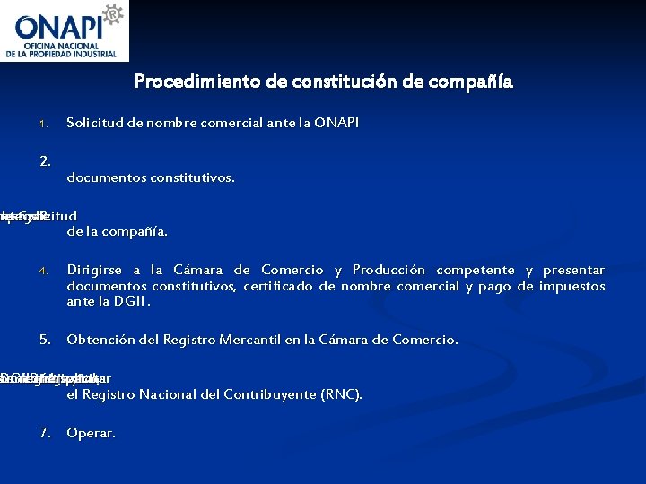 Procedimiento de constitución de compañía 1. 2. Solicitud de nombre comercial ante la ONAPI