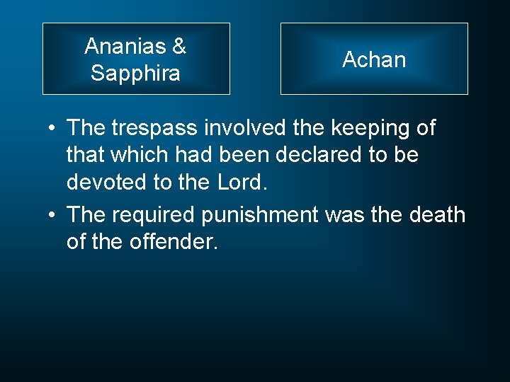 Ananias & Sapphira Achan • The trespass involved the keeping of that which had