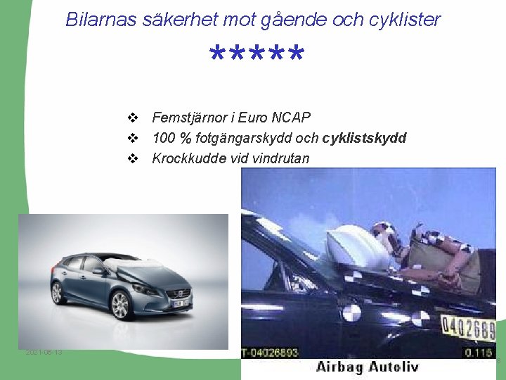 Bilarnas säkerhet mot gående och cyklister ***** v Femstjärnor i Euro NCAP v 100