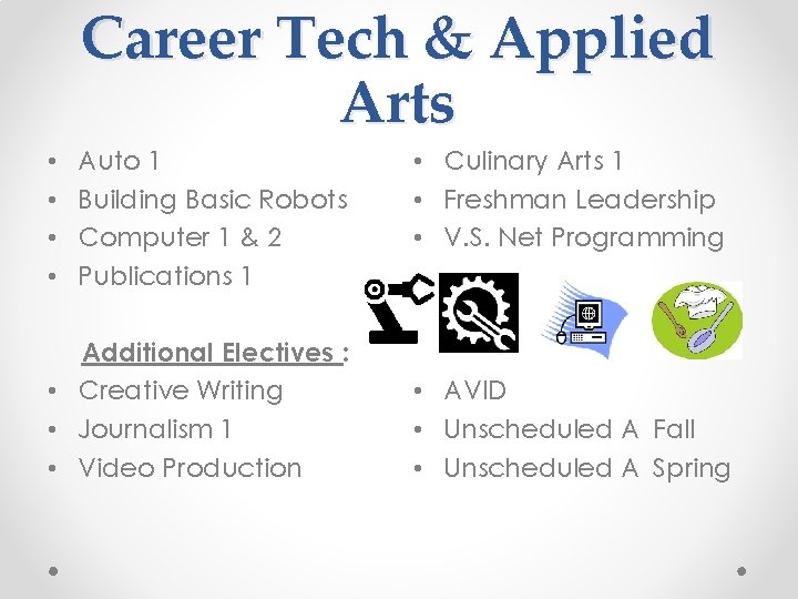 Career Tech & Applied Arts • • Auto 1 Building Basic Robots Computer 1