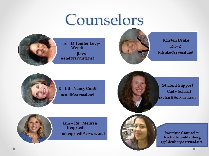 Counselors A – D Jenifer Levy. Wendt jlevywendt@srvusd. net E – Lil Nancy Conti