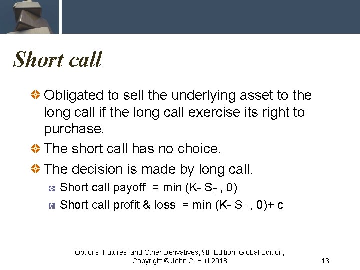 Short call Obligated to sell the underlying asset to the long call if the