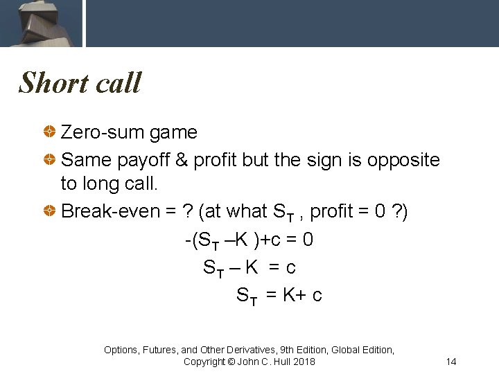 Short call Zero-sum game Same payoff & profit but the sign is opposite to