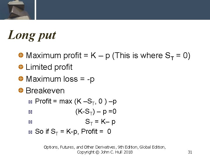 Long put Maximum profit = K – p (This is where ST = 0)