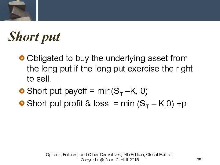 Short put Obligated to buy the underlying asset from the long put if the