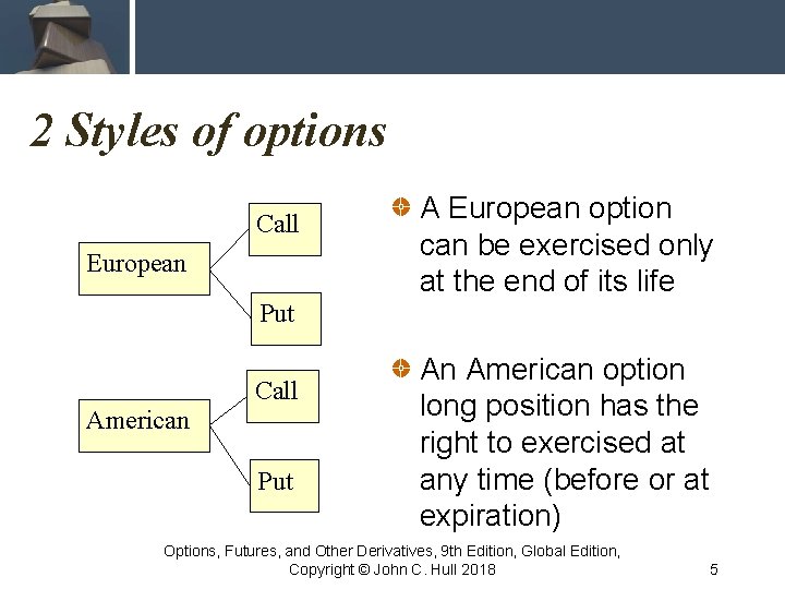 2 Styles of options Call European A European option can be exercised only at