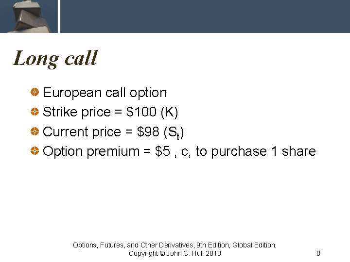 Long call European call option Strike price = $100 (K) Current price = $98