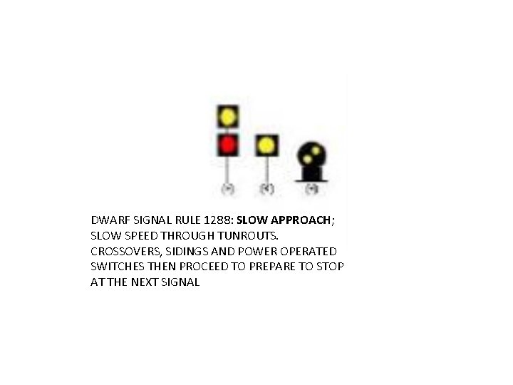 DWARF SIGNAL RULE 1288: SLOW APPROACH; SLOW SPEED THROUGH TUNROUTS. CROSSOVERS, SIDINGS AND POWER