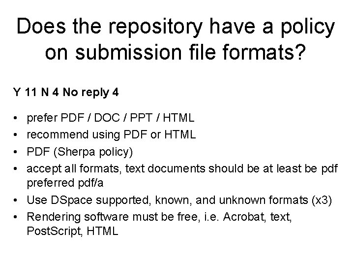 Does the repository have a policy on submission file formats? Y 11 N 4