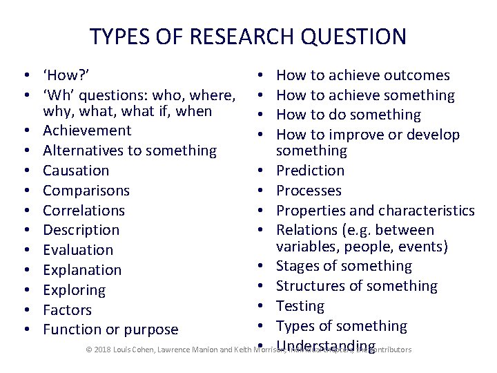 TYPES OF RESEARCH QUESTION • ‘How? ’ • ‘Wh’ questions: who, where, why, what