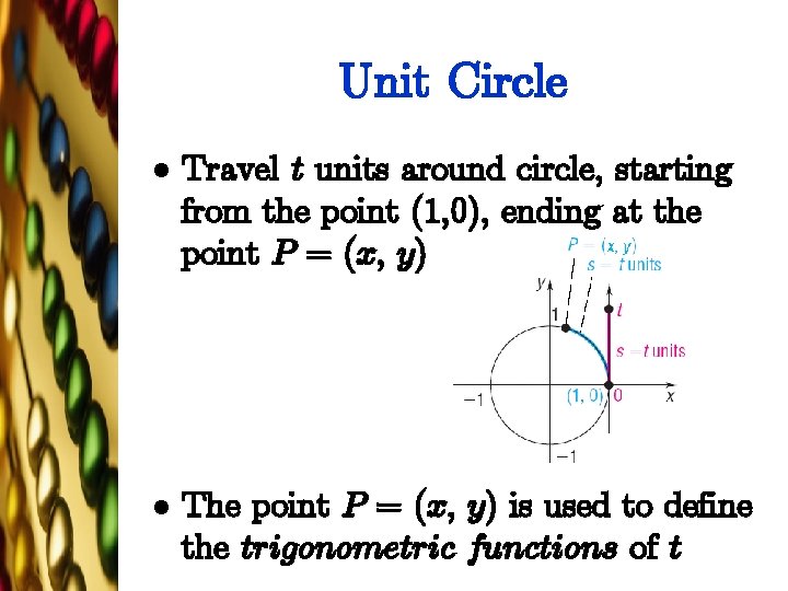 Unit Circle l Travel t units around circle, starting from the point (1, 0),