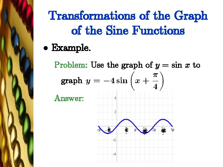 Transformations of the Graph of the Sine Functions l Example. Problem: Use the graph