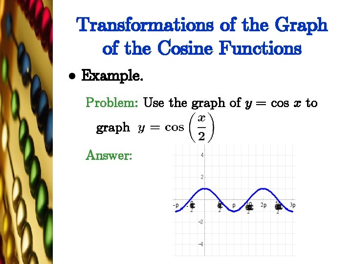 Transformations of the Graph of the Cosine Functions l Example. Problem: Use the graph