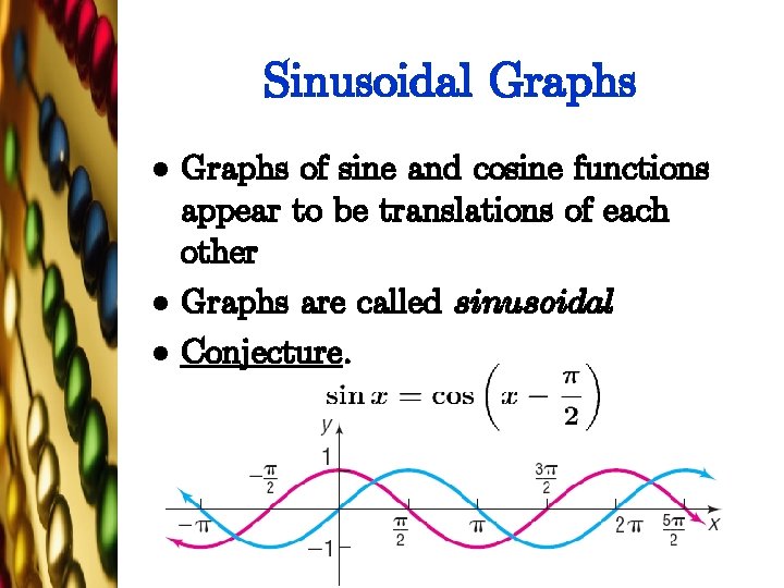 Sinusoidal Graphs l l l Graphs of sine and cosine functions appear to be