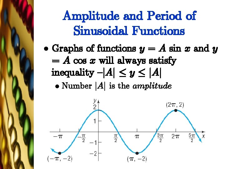 Amplitude and Period of Sinusoidal Functions l Graphs of functions y = A sin