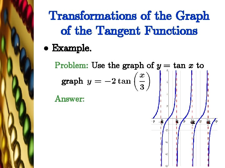 Transformations of the Graph of the Tangent Functions l Example. Problem: Use the graph