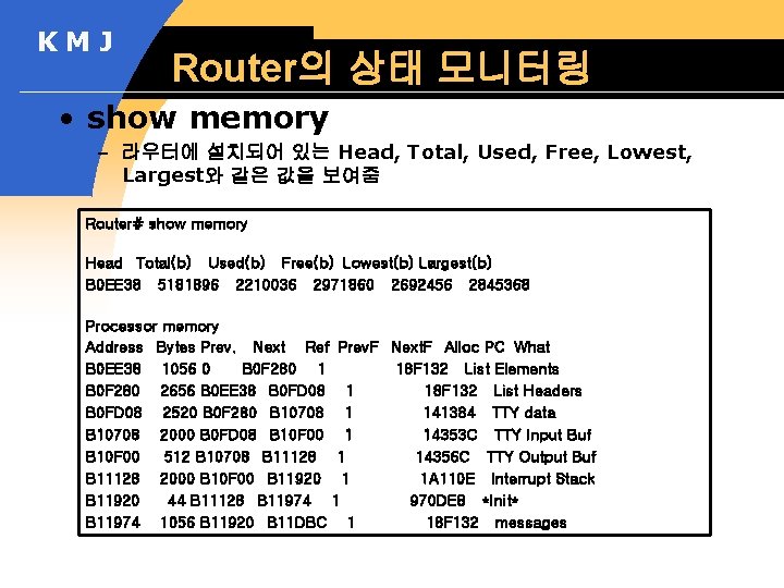 KMJ Router의 상태 모니터링 • show memory – 라우터에 설치되어 있는 Head, Total, Used,