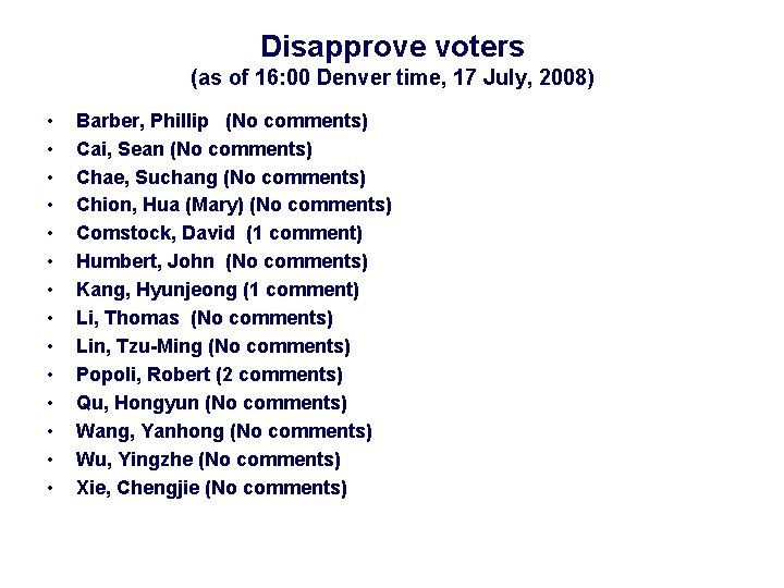 Disapprove voters (as of 16: 00 Denver time, 17 July, 2008) • • •